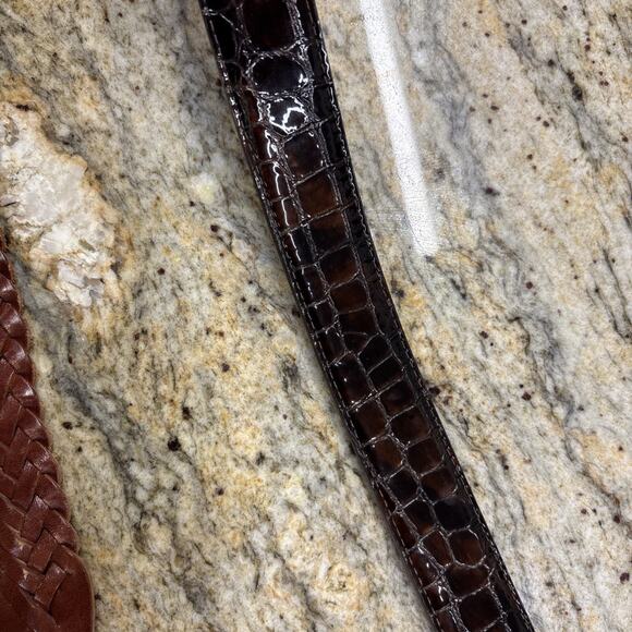 Vintage Brighton Silver Buckle Croc Embossed Patent Leather Brown Belt Sz M 34” main image 13